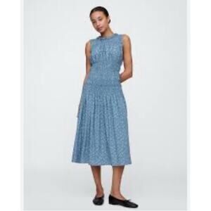 Gap Blue Floral Smocked Midi Dress L – Ruffle Sleeveless Summer Sundress Blue